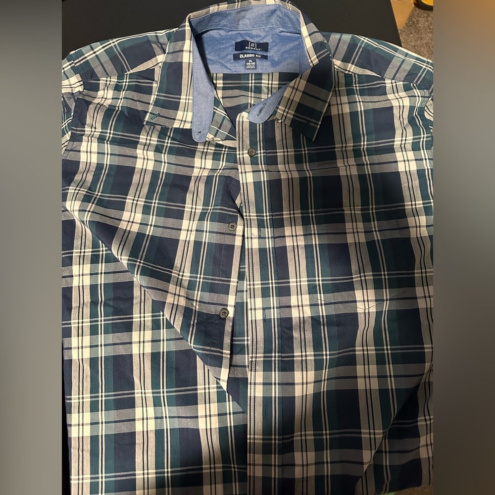 George Men’s Classic Fit Dress Shirt, Blue Plaid, Size XL, Gently Used